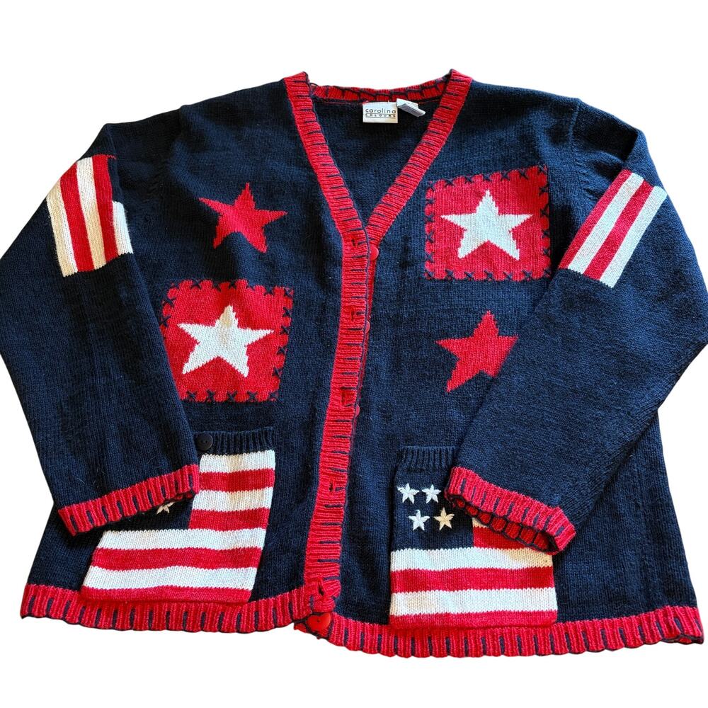 Vintage Carolina Colours American Flag Knit Chunky Sweater Ugly Party July 4th M